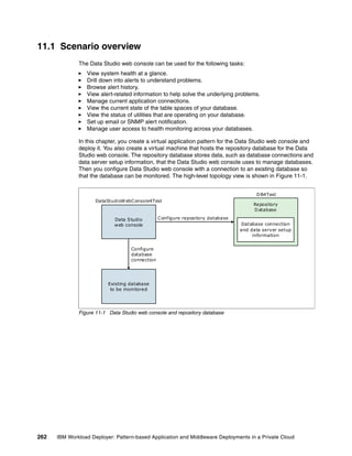 11.1 Scenario overview
              The Data Studio web console can be used for the following tasks:
                 View system health at a glance.
                 Drill down into alerts to understand problems.
                 Browse alert history.
                 View alert-related information to help solve the underlying problems.
                 Manage current application connections.
                 View the current state of the table spaces of your database.
                 View the status of utilities that are operating on your database.
                 Set up email or SNMP alert notification.
                 Manage user access to health monitoring across your databases.

              In this chapter, you create a virtual application pattern for the Data Studio web console and
              deploy it. You also create a virtual machine that hosts the repository database for the Data
              Studio web console. The repository database stores data, such as database connections and
              data server setup information, that the Data Studio web console uses to manage databases.
              Then you configure Data Studio web console with a connection to an existing database so
              that the database can be monitored. The high-level topology view is shown in Figure 11-1.


                                                                                      D B4Test
                     DataStudioW ebConsole4Test
                                                                                     Repository
                                                                                     D atabase

                            Data Studio         Configure repository database
                            web console                                         Database connection
                                                                                and data server setup
                                                                                     information


                                   Configure
                                   database
                                   connection




                          Existing database
                           to be monitored




              Figure 11-1 Data Studio web console and repository database




262   IBM Workload Deployer: Pattern-based Application and Middleware Deployments in a Private Cloud
 
