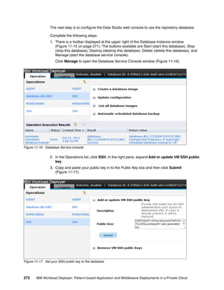 The next step is to configure the Data Studio web console to use the repository database.

                 Complete the following steps:
                 1. There is a toolbar displayed at the upper right of the Database Instance window
                    (Figure 11-15 on page 271). The buttons available are Start (start this database), Stop
                    (stop this database), Destroy (destroy this database), Delete (delete this database), and
                    Manage (start the database service console).
                    Click Manage to open the Database Service Console window (Figure 11-16).




Figure 11-16 Database Service console

                 2. In the Operations list, click SSH. In the right pane, expand Add or update VM SSH public
                    key.
                 3. Copy and paste your public key in to the Public Key box and then click Submit
                    (Figure 11-17).




Figure 11-17 Set your SSH public key to the database



272     IBM Workload Deployer: Pattern-based Application and Middleware Deployments in a Private Cloud
 