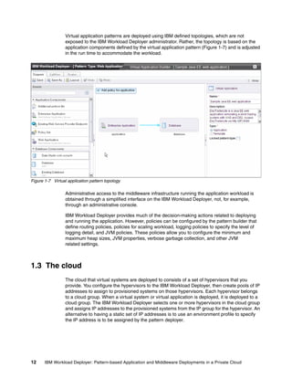 Virtual application patterns are deployed using IBM defined topologies, which are not
                  exposed to the IBM Workload Deployer administrator. Rather, the topology is based on the
                  application components defined by the virtual application pattern (Figure 1-7) and is adjusted
                  in the run time to accommodate the workload.




Figure 1-7 Virtual application pattern topology

                  Administrative access to the middleware infrastructure running the application workload is
                  obtained through a simplified interface on the IBM Workload Deployer, not, for example,
                  through an administrative console.

                  IBM Workload Deployer provides much of the decision-making actions related to deploying
                  and running the application. However, policies can be configured by the pattern builder that
                  define routing policies, policies for scaling workload, logging policies to specify the level of
                  logging detail, and JVM policies. These policies allow you to configure the minimum and
                  maximum heap sizes, JVM properties, verbose garbage collection, and other JVM
                  related settings.



1.3 The cloud
                  The cloud that virtual systems are deployed to consists of a set of hypervisors that you
                  provide. You configure the hypervisors to the IBM Workload Deployer, then create pools of IP
                  addresses to assign to provisioned systems on those hypervisors. Each hypervisor belongs
                  to a cloud group. When a virtual system or virtual application is deployed, it is deployed to a
                  cloud group. The IBM Workload Deployer selects one or more hypervisors in the cloud group
                  and assigns IP addresses to the provisioned systems from the IP group for the hypervisor. An
                  alternative to having a static set of IP addresses is to use an environment profile to specify
                  the IP address is to be assigned by the pattern deployer.




12     IBM Workload Deployer: Pattern-based Application and Middleware Deployments in a Private Cloud
 