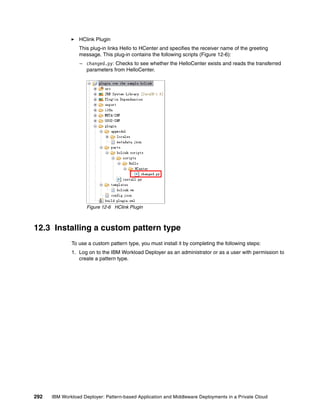HClink Plugin
                 This plug-in links Hello to HCenter and specifies the receiver name of the greeting
                 message. This plug-in contains the following scripts (Figure 12-6):
                  – changed.py: Checks to see whether the HelloCenter exists and reads the transferred
                    parameters from HelloCenter.




                     Figure 12-6 HClink Plugin



12.3 Installing a custom pattern type
              To use a custom pattern type, you must install it by completing the following steps:
              1. Log on to the IBM Workload Deployer as an administrator or as a user with permission to
                 create a pattern type.




292   IBM Workload Deployer: Pattern-based Application and Middleware Deployments in a Private Cloud
 