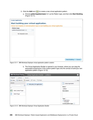 3. Click the Add icon (     ) to create a new virtual application pattern.
                     a. Choose patterntypetest.basic 1.1 as the Pattern type, and then click Start Building
                        (Figure 12-11).




Figure 12-11 IBM Workload Deployer virtual application pattern creation

                     b. The Virtual Application Builder is opened in your browser, where you can drag the
                        associated components in this custom pattern type onto the canvas to build your own
                        application pattern (Figure 12-12).




Figure 12-12 IBM Workload Deployer Virtual Application Builder




296     IBM Workload Deployer: Pattern-based Application and Middleware Deployments in a Private Cloud
 