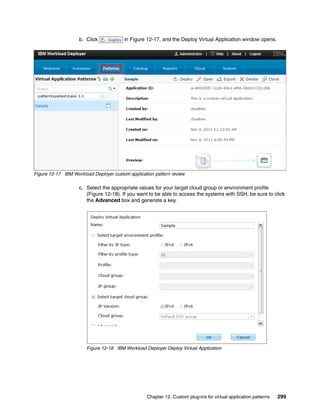 b. Click            in Figure 12-17, and the Deploy Virtual Application window opens.




Figure 12-17 IBM Workload Deployer custom application pattern review

                    c. Select the appropriate values for your target cloud group or environment profile
                       (Figure 12-18). If you want to be able to access the systems with SSH, be sure to click
                       the Advanced box and generate a key.




                       Figure 12-18 IBM Workload Deployer Deploy Virtual Application




                                                  Chapter 12. Custom plug-ins for virtual application patterns   299
 