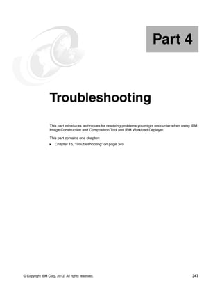 Part 4


Part       4     Troubleshooting
                 This part introduces techniques for resolving problems you might encounter when using IBM
                 Image Construction and Composition Tool and IBM Workload Deployer.

                 This part contains one chapter:
                     Chapter 15, “Troubleshooting” on page 349




© Copyright IBM Corp. 2012. All rights reserved.                                                       347
 