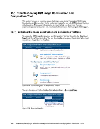 15.1 Troubleshooting IBM Image Construction and
Composition Tool
              This section focuses on resolving issues that might arise during the usage of IBM Image
              Construction and Composition Tool to customize images for use with IBM Workload Deployer
              virtual systems. The advice in this section is meant to help you determine if you are
              experiencing a user error, and if not, how to collect information that must go to IBM Support.


15.1.1 Collecting IBM Image Construction and Composition Tool logs
              To access the IBM Image Construction and Composition Tool log files, click the Download
              logs link on the Welcome window. You can download a compressed file containing the most
              recent trace.log and error.log files.




              Figure 15-1 Download logs link on the Welcome window

              You can also access the log files by clicking Administer  Download logs.




              Figure 15-2 Download logs link




350   IBM Workload Deployer: Pattern-based Application and Middleware Deployments in a Private Cloud
 