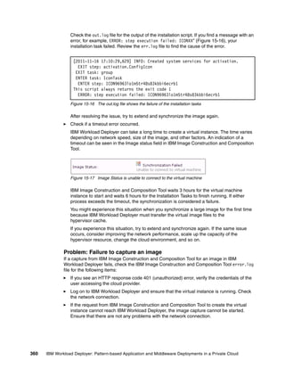 Check the out.log file for the output of the installation script. If you find a message with an
                 error, for example, ERROR: step execution failed: ICONXX” (Figure 15-16), your
                 installation task failed. Review the err.log file to find the cause of the error.


                   [2011-11-16 17:10:29,629] INFO: Created system services for activation.
                     EXIT step: activation.ConfigIcon
                    EXIT task: group
                    ENTER task: IconTask
                     ENTER step: ICON96963lo1m5tr48s83kbbi6ecrb1
                   This script always returns the exit code 1
                     ERROR: step execution failed: ICON96963lo1m5tr48s83kbbi6ecrb1
                 Figure 15-16 The out.log file shows the failure of the installation tasks

                 After resolving the issue, try to extend and synchronize the image again.
                 Check if a timeout error occurred.
                 IBM Workload Deployer can take a long time to create a virtual instance. The time varies
                 depending on network speed, size of the image, and other factors. An indication of a
                 timeout can be seen in the Image status field in IBM Image Construction and Composition
                 Tool.




                 Figure 15-17 Image Status is unable to connect to the virtual machine

                 IBM Image Construction and Composition Tool waits 3 hours for the virtual machine
                 instance to start and waits 6 hours for the Installation Tasks to finish running. If either
                 process exceeds the timeout, the synchronization is considered a failure.
                 You might experience this situation when you synchronize a large image for the first time
                 because IBM Workload Deployer must transfer the virtual image files to the
                 hypervisor cache.
                 If you experience this situation, try to extend and synchronize again. If the same issue
                 occurs, consider improving the network performance, scale up the capacity of the
                 hypervisor resource, change the cloud environment, and so on.

              Problem: Failure to capture an image
              If a capture from IBM Image Construction and Composition Tool for an image in IBM
              Workload Deployer fails, check the IBM Image Construction and Composition Tool error.log
              file for the following items:
                 If you see an HTTP response code 401 (unauthorized) error, verify the credentials of the
                 user accessing the cloud provider.
                 Log on to IBM Workload Deployer and ensure that the virtual instance is running. Check
                 the network connection.
                 If the request from IBM Image Construction and Composition Tool to create the virtual
                 instance cannot reach IBM Workload Deployer, the image capture cannot be started.
                 Ensure that there are not any problems with the network connection.




360   IBM Workload Deployer: Pattern-based Application and Middleware Deployments in a Private Cloud
 