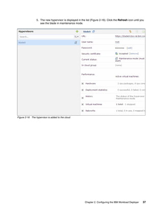 5. The new hypervisor is displayed in the list (Figure 2-16). Click the Refresh icon until you
                    see the blade in maintenance mode.




Figure 2-16 The hypervisor is added to the cloud




                                                           Chapter 2. Configuring the IBM Workload Deployer   37
 