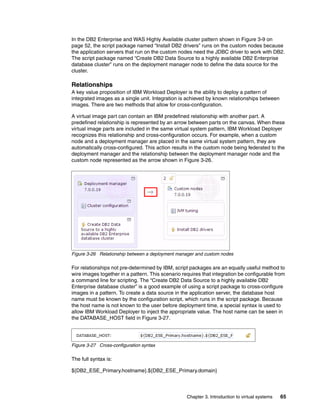 In the DB2 Enterprise and WAS Highly Available cluster pattern shown in Figure 3-9 on
page 52, the script package named “Install DB2 drivers” runs on the custom nodes because
the application servers that run on the custom nodes need the JDBC driver to work with DB2.
The script package named “Create DB2 Data Source to a highly available DB2 Enterprise
database cluster” runs on the deployment manager node to define the data source for the
cluster.

Relationships
A key value proposition of IBM Workload Deployer is the ability to deploy a pattern of
integrated images as a single unit. Integration is achieved by known relationships between
images. There are two methods that allow for cross-configuration.

A virtual image part can contain an IBM predefined relationship with another part. A
predefined relationship is represented by an arrow between parts on the canvas. When these
virtual image parts are included in the same virtual system pattern, IBM Workload Deployer
recognizes this relationship and cross-configuration occurs. For example, when a custom
node and a deployment manager are placed in the same virtual system pattern, they are
automatically cross-configured. This action results in the custom node being federated to the
deployment manager and the relationship between the deployment manager node and the
custom node represented as the arrow shown in Figure 3-26.




Figure 3-26 Relationship between a deployment manager and custom nodes

For relationships not pre-determined by IBM, script packages are an equally useful method to
wire images together in a pattern. This scenario requires that integration be configurable from
a command line for scripting. The “Create DB2 Data Source to a highly available DB2
Enterprise database cluster” is a good example of using a script package to cross-configure
images in a pattern. To create a data source in the application server, the database host
name must be known by the configuration script, which runs in the script package. Because
the host name is not known to the user before deployment time, a special syntax is used to
allow IBM Workload Deployer to inject the appropriate value. The host name can be seen in
the DATABASE_HOST field in Figure 3-27.




Figure 3-27 Cross-configuration syntax

The full syntax is:

${DB2_ESE_Primary.hostname}.${DB2_ESE_Primary.domain}




                                                   Chapter 3. Introduction to virtual systems   65
 