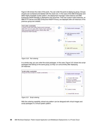 Figure 3-30 shows the order of the parts. You can order the parts to deploy by group. Groups
              of parts are numbered and labeled with the clock icon. In the case of the DB2 Enterprise and
              WAS Highly Available cluster pattern, the deployment manager node instance and DB2
              Enterprise HADR Standby is deployed to the cloud first. Then two custom node instances, an
              IBM HTTP Server and DB2 Enterprise HADR Primary, are deployed after all instances of the
              previous group are created.




              Figure 3-30 Part ordering

              In a similar way, you can order the script packages. In this case, Figure 3-31 shows two script
              packages that belong to the same group, so they run concurrently after deploying
              all instances.




              Figure 3-31 Script ordering

              With the ordering capability, almost any pattern can be designed with virtual images and
              script packages in a virtual system pattern.




68   IBM Workload Deployer: Pattern-based Application and Middleware Deployments in a Private Cloud
 
