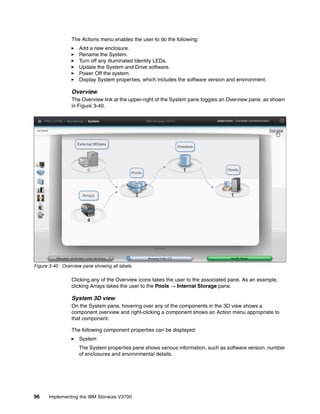 96 Implementing the IBM Storwize V3700
The Actions menu enables the user to do the following:
Add a new enclosure.
Rename the System.
Turn off any illuminated Identity LEDs.
Update the System and Drive software.
Power Off the system.
Display System properties, which includes the software version and environment.
Overview
The Overview link at the upper-right of the System pane toggles an Overview pane, as shown
in Figure 3-40.
Figure 3-40 Overview pane showing all labels
Clicking any of the Overview icons takes the user to the associated pane. As an example,
clicking Arrays takes the user to the Pools → Internal Storage pane.
System 3D view
On the System pane, hovering over any of the components in the 3D view shows a
component overview and right-clicking a component shows an Action menu appropriate to
that component.
The following component properties can be displayed:
System
The System properties pane shows various information, such as software version, number
of enclosures and environmental details.
 