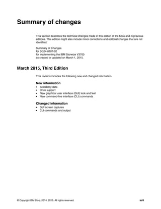 © Copyright IBM Corp. 2014, 2015. All rights reserved. xvii
Summary of changes
This section describes the technical changes made in this edition of the book and in previous
editions. This edition might also include minor corrections and editorial changes that are not
identified.
Summary of Changes
for SG24-8107-02
for Implementing the IBM Storwize V3700
as created or updated on March 1, 2015.
March 2015, Third Edition
This revision includes the following new and changed information.
New information
Scalability data
Drive support
New graphical user interface (GUI) look and feel
New command-line interface (CLI) commands
Changed information
GUI screen captures
CLI commands and output
 