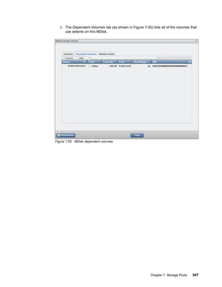 Chapter 7. Storage Pools 347
ii. The Dependent Volumes tab (as shown in Figure 7-55) lists all of the volumes that
use extents on this MDisk.
Figure 7-55 MDisk dependent volumes
 