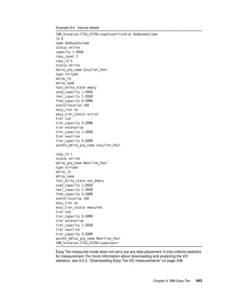 Chapter 9. IBM Easy Tier 443
Example 9-6 Volume details
IBM_Storwize:ITSO_V3700:superuser>lsvdisk RedbookVolume
id 6
name RedbookVolume
status online
capacity 1.00GB
copy_count 2
copy_id 0
status online
mdisk_grp_name EasyTier_Pool
type striped
mdisk_id
mdisk_name
fast_write_state empty
used_capacity 1.00GB
real_capacity 1.00GB
free_capacity 0.00MB
overallocation 100
easy_tier on
easy_tier_status active
tier ssd
tier_capacity 0.00MB
tier enterprise
tier_capacity 1.00GB
tier nearline
tier_capacity 0.00MB
parent_mdisk_grp_name EasyTier_Pool
copy_id 1
status online
mdisk_grp_name Nearline_Pool
type striped
mdisk_id
mdisk_name
fast_write_state not_empty
used_capacity 1.00GB
real_capacity 1.00GB
free_capacity 0.00MB
overallocation 100
easy_tier on
easy_tier_status measured
tier ssd
tier_capacity 0.00MB
tier enterprise
tier_capacity 1.00GB
tier nearline
tier_capacity 0.00MB
parent_mdisk_grp_name Nearline_Pool
IBM_Storwize:ITSO_V3700:superuser>
Easy Tier measured mode does not carry out any data placement. It only collects statistics
for measurement. For more information about downloading and analyzing the I/O
statistics, see 9.5.2, “Downloading Easy Tier I/O measurements” on page 438.
 
