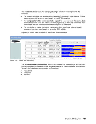 Chapter 9. IBM Easy Tier 451
The heat distribution of a volume is displayed using a color bar, which represents the
following:
The blue portion of the bar represents the capacity of cold extents in the volume. Extents
are considered cold when not used heavily or the IOPS is very low.
The orange portion of the bar represents the capacity of warm extents in the volume. Data
is considered warm when it is either used relatively heavily, or the IOPS is relatively more
compared to the cold extents or lower when compared to hot extents.
The red portion of the bar represents the capacity of hot data in the volume. Data is
considered hot when used heavily, or when the IOPS is high.
Figure 9-34 shows a few examples of the volume heat distribution.
Figure 9-34 Volume heat distribution
The Systemwide Recommendation section can be viewed on another page, which shows
the recommended configuration for the tiers as applicable for the configuration of the system.
Typically, it shows three recommended configurations:
Flash (SSD)
Enterprise
Nearline
 