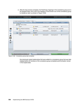 508 Implementing the IBM Storwize V3700
2. After the stop process completes, the FlashCopy mappings in the consistency group are in
the Stopped state, and a red X icon displays on the function icon of this consistency group
to indicate an alert, as shown in Figure 10-62.
Figure 10-62 Consistency group stop completes
Any previously copied relationships that were added to a consistency group that was later
stopped before all members of the consistency group completed synchronization remain
in the Copied state.
 