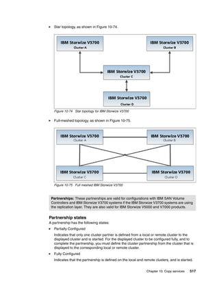 Chapter 10. Copy services 517
Star topology, as shown in Figure 10-74.
Figure 10-74 Star topology for IBM Storwize V3700
Full-meshed topology, as shown in Figure 10-75.
Figure 10-75 Full meshed IBM Storwize V3700
Partnership states
A partnership has the following states:
Partially Configured
Indicates that only one cluster partner is defined from a local or remote cluster to the
displayed cluster and is started. For the displayed cluster to be configured fully, and to
complete the partnership, you must define the cluster partnership from the cluster that is
displayed to the corresponding local or remote cluster.
Fully Configured
Indicates that the partnership is defined on the local and remote clusters, and is started.
Partnerships: These partnerships are valid for configurations with IBM SAN Volume
Controllers and IBM Storwize V3700 systems if the IBM Storwize V3700 systems are using
the replication layer. They are also valid for IBM Storwize V5000 and V7000 products.
 