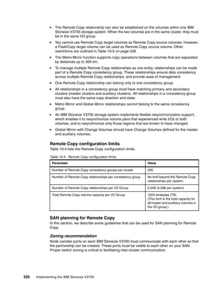526 Implementing the IBM Storwize V3700
The Remote Copy relationship can also be established on the volumes within one IBM
Storwize V3700 storage system. When the two volumes are in the same cluster, they must
be in the same I/O group.
You cannot use Remote Copy target volumes as Remote Copy source volumes. However,
a FlashCopy target volume can be used as Remote Copy source volume. Other
restrictions are outlined in Table 10-5 on page 528.
The Metro Mirror function supports copy operations between volumes that are separated
by distances up to 300 km.
To manage multiple Remote Copy relationships as one entity, relationships can be made
part of a Remote Copy consistency group. These relationships ensure data consistency
across multiple Remote Copy relationships, and provide ease of management.
One Remote Copy relationship can belong only to one consistency group.
All relationships in a consistency group must have matching primary and secondary
clusters (master clusters and auxiliary clusters). All relationships in a consistency group
must also have the same copy direction and state.
Metro Mirror and Global Mirror relationships cannot belong to the same consistency
group.
An IBM Storwize V3700 storage system implements flexible resynchronization support,
which enables it to resynchronize volume pairs that experienced write I/Os to both
volumes, and to resynchronize only those regions that are known to have changed.
Global Mirror with Change Volumes should have Change Volumes defined for the master
and auxiliary volumes.
Remote Copy configuration limits
Table 10-4 lists the Remote Copy configuration limits.
Table 10-4 Remote Copy configuration limits
SAN planning for Remote Copy
In this section, we describe some guidelines that can be used for SAN planning for Remote
Copy.
Zoning recommendation
Node canister ports on each IBM Storwize V3700 must communicate with each other so that
the partnership can be created. These ports must be visible to each other on your SAN.
Proper switch zoning is critical to facilitating inter-cluster communication.
Parameter Value
Number of Remote Copy consistency groups per cluster 256
Number of Remote Copy relationships per consistency group No limit beyond the Remote Copy
relationships per system.
Number of Remote Copy relationships per I/O Group 2,048 (4,096 per system)
Total Remote Copy volume capacity per I/O Group 1024 terabytes (TB)
(This limit is the total capacity for
all master and auxiliary volumes in
the I/O group.)
 