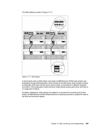 Chapter 11. RAS, monitoring, and troubleshooting 587
The SAS cabling is shown in Figure 11-17.
Figure 11-17 SAS cabling
A strand starts with an SAS initiator chip inside an IBM Storwize V3700 node canister and
progresses through SAS expanders, which connect to the disk drives. Each canister contains
an expander. Each drive has two ports, each of which is connected to a different expander
and strand. This configuration means that both nodes directly access each drive, and there is
no single point of failure.
At system initialization, when devices are added to or removed from strands (and at other
times), the IBM Storwize V3700 software performs a discovery process to update the state of
the drive and enclosure objects.
 