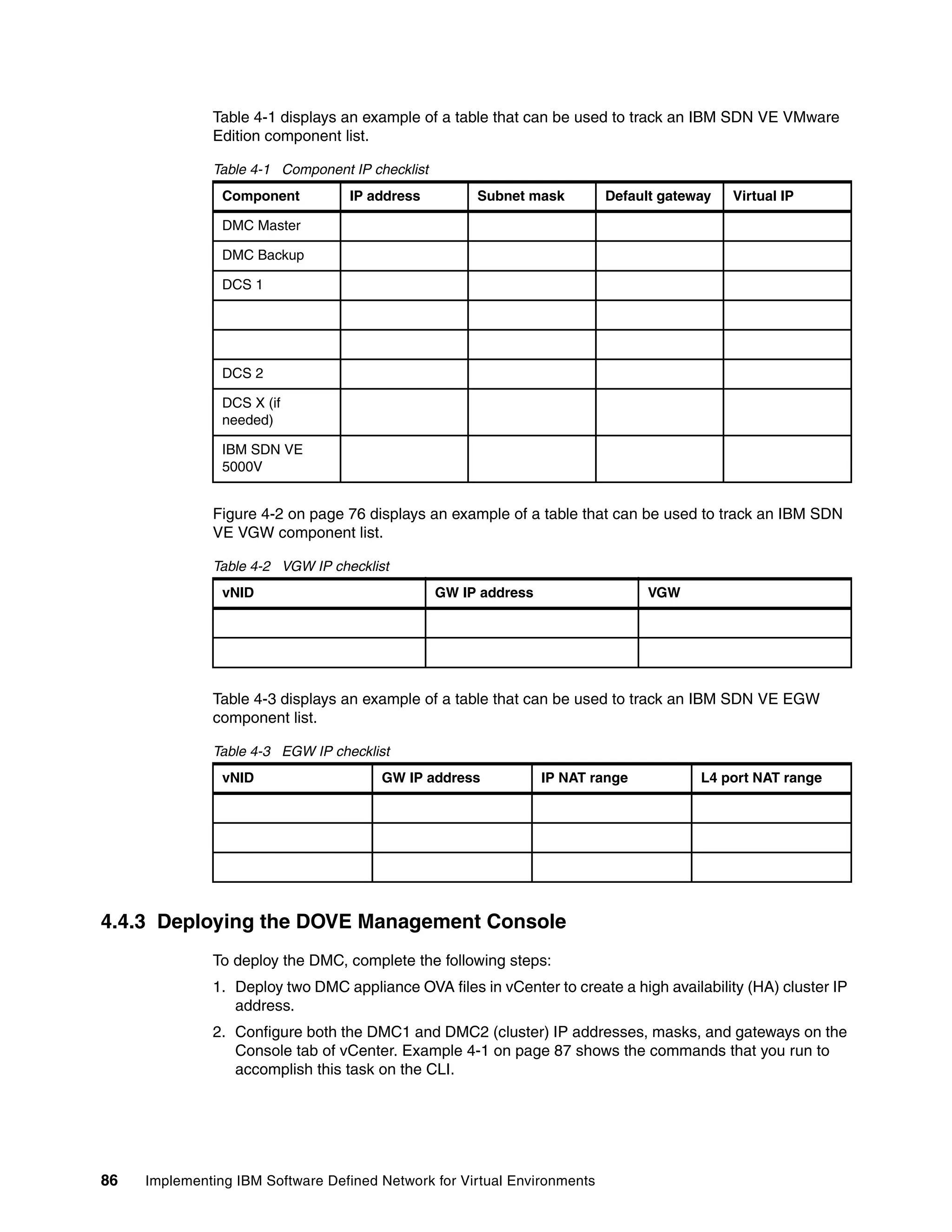 86 Implementing IBM Software Defined Network for Virtual Environments
Table 4-1 displays an example of a table that can be used to track an IBM SDN VE VMware
Edition component list.
Table 4-1 Component IP checklist
Figure 4-2 on page 76 displays an example of a table that can be used to track an IBM SDN
VE VGW component list.
Table 4-2 VGW IP checklist
Table 4-3 displays an example of a table that can be used to track an IBM SDN VE EGW
component list.
Table 4-3 EGW IP checklist
4.4.3 Deploying the DOVE Management Console
To deploy the DMC, complete the following steps:
1. Deploy two DMC appliance OVA files in vCenter to create a high availability (HA) cluster IP
address.
2. Configure both the DMC1 and DMC2 (cluster) IP addresses, masks, and gateways on the
Console tab of vCenter. Example 4-1 on page 87 shows the commands that you run to
accomplish this task on the CLI.
Component IP address Subnet mask Default gateway Virtual IP
DMC Master
DMC Backup
DCS 1
DCS 2
DCS X (if
needed)
IBM SDN VE
5000V
vNID GW IP address VGW
vNID GW IP address IP NAT range L4 port NAT range
 