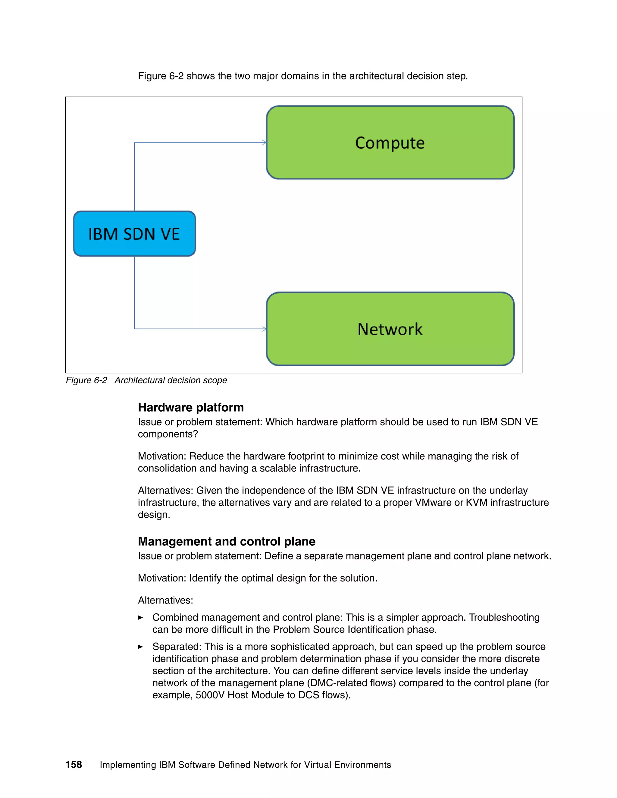 158 Implementing IBM Software Defined Network for Virtual Environments
Figure 6-2 shows the two major domains in the architectural decision step.
Figure 6-2 Architectural decision scope
Hardware platform
Issue or problem statement: Which hardware platform should be used to run IBM SDN VE
components?
Motivation: Reduce the hardware footprint to minimize cost while managing the risk of
consolidation and having a scalable infrastructure.
Alternatives: Given the independence of the IBM SDN VE infrastructure on the underlay
infrastructure, the alternatives vary and are related to a proper VMware or KVM infrastructure
design.
Management and control plane
Issue or problem statement: Define a separate management plane and control plane network.
Motivation: Identify the optimal design for the solution.
Alternatives:
Combined management and control plane: This is a simpler approach. Troubleshooting
can be more difficult in the Problem Source Identification phase.
Separated: This is a more sophisticated approach, but can speed up the problem source
identification phase and problem determination phase if you consider the more discrete
section of the architecture. You can define different service levels inside the underlay
network of the management plane (DMC-related flows) compared to the control plane (for
example, 5000V Host Module to DCS flows).
 