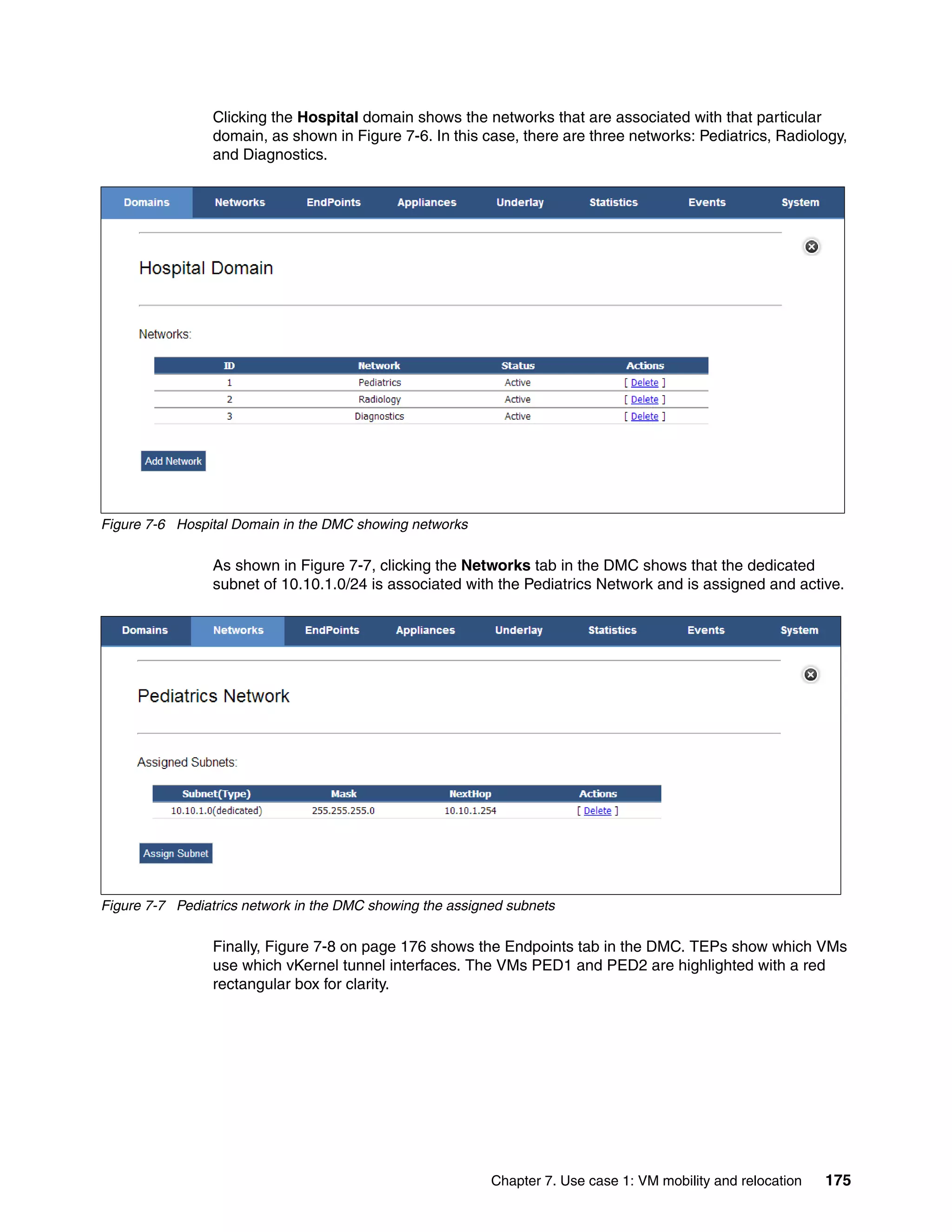 Chapter 7. Use case 1: VM mobility and relocation 175
Clicking the Hospital domain shows the networks that are associated with that particular
domain, as shown in Figure 7-6. In this case, there are three networks: Pediatrics, Radiology,
and Diagnostics.
Figure 7-6 Hospital Domain in the DMC showing networks
As shown in Figure 7-7, clicking the Networks tab in the DMC shows that the dedicated
subnet of 10.10.1.0/24 is associated with the Pediatrics Network and is assigned and active.
Figure 7-7 Pediatrics network in the DMC showing the assigned subnets
Finally, Figure 7-8 on page 176 shows the Endpoints tab in the DMC. TEPs show which VMs
use which vKernel tunnel interfaces. The VMs PED1 and PED2 are highlighted with a red
rectangular box for clarity.
 