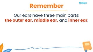 Remember
25
Our ears have three main parts:
the outer ear, middle ear, and inner ear.
 