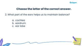 2. What part of the ears helps us to maintain balance?
a. cochlea
b. eardrum
c. ear lobe
32
Choose the letter of the correct answer.
 