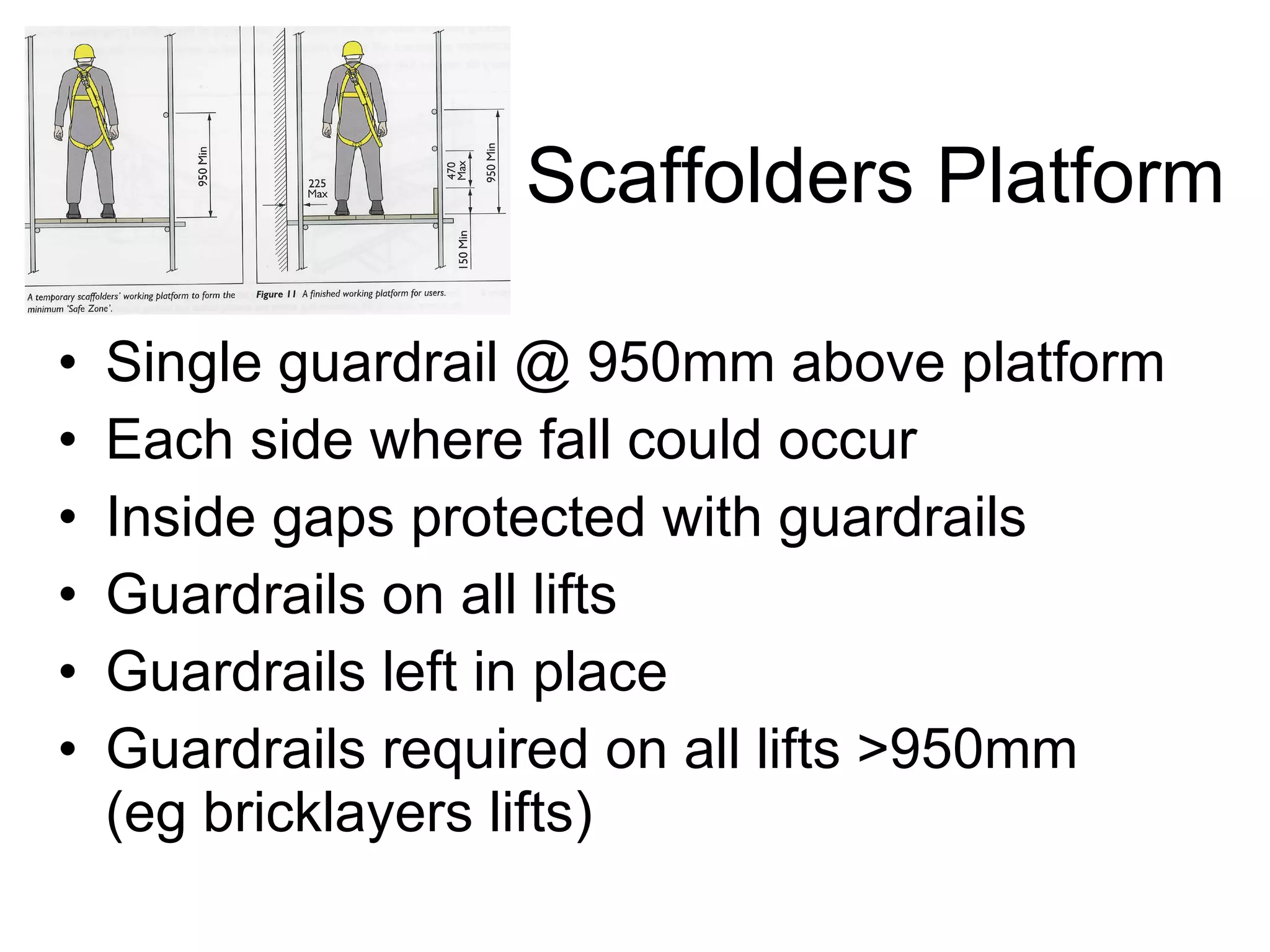 Scaffolders Platform Single guardrail @ 950mm above platform Each side where fall could occur Inside gaps protected with guardrails  Guardrails on all lifts Guardrails left in place Guardrails required on all lifts >950mm (eg bricklayers lifts) 