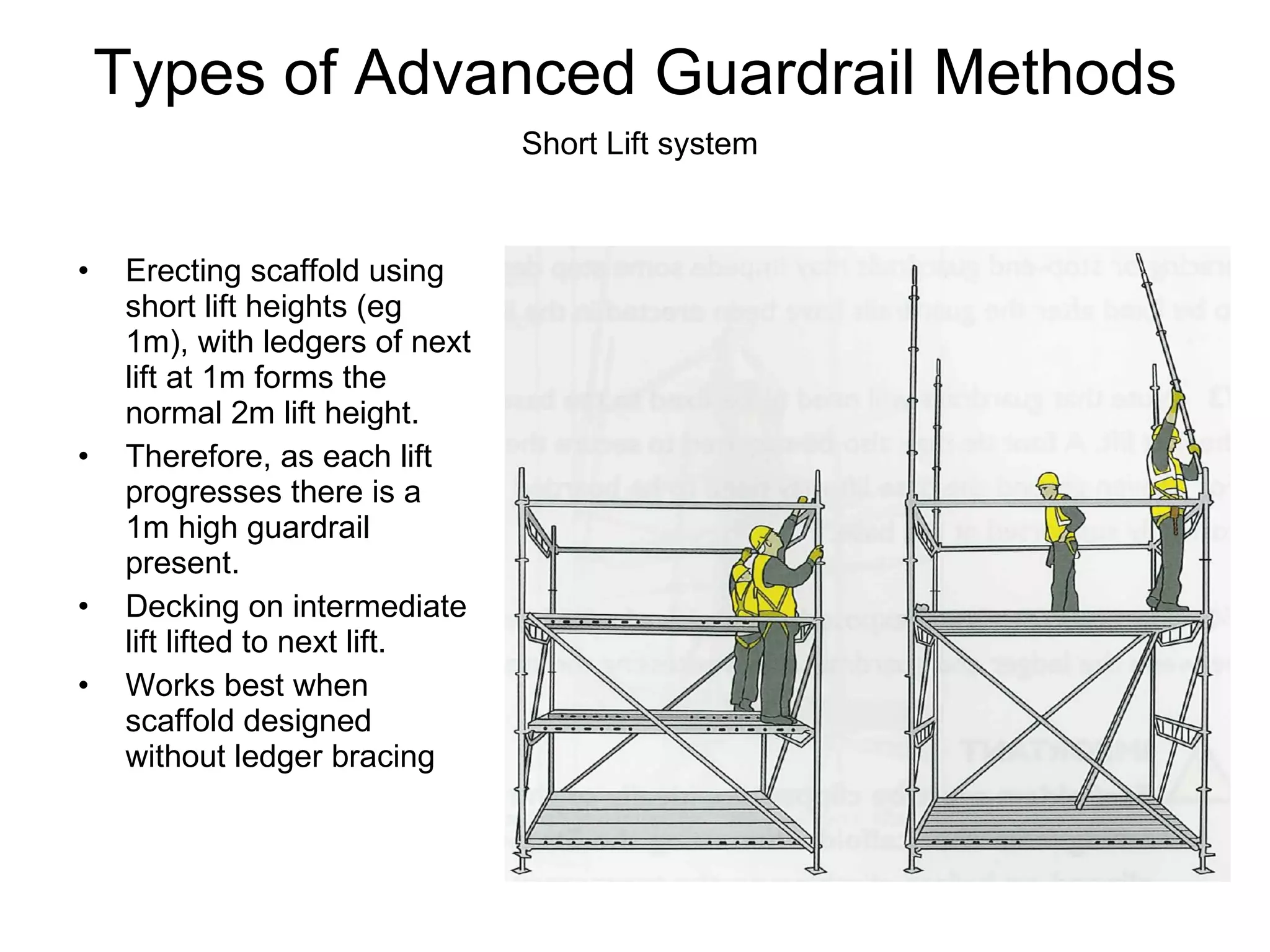 Types of Advanced Guardrail Methods Erecting scaffold using short lift heights (eg 1m), with ledgers of next lift at 1m forms the normal 2m lift height. Therefore, as each lift progresses there is a 1m high guardrail present. Decking on intermediate lift lifted to next lift. Works best when scaffold designed without ledger bracing Short Lift system 