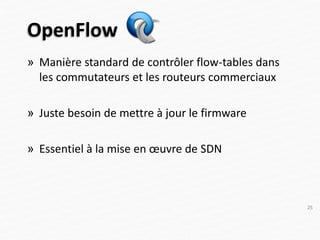 OpenFlow
» Manière standard de contrôler flow-tables dans
les commutateurs et les routeurs commerciaux
» Juste besoin de mettre à jour le firmware
» Essentiel à la mise en œuvre de SDN
25
 