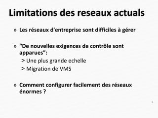 Limitations des reseaux actuals
» Les réseaux d'entreprise sont difficiles à gérer
» “De nouvelles exigences de contrôle sont
apparues”:
˃ Une plus grande echelle
˃ Migration de VMS
» Comment configurer facilement des réseaux
énormes ?
6
 