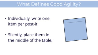 PROPRIETARY AND CONFIDENTIALAGILE VELOCITY ACCELERATE AGILITY
WHAT DEFINES GOOD AGILITY?
• Individually, write one
item pe...