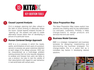 KEY IDEATION TOOLS
1. Causal Layered Analysis
CLA is strategic planning tool often utilised in
the ﬁeld of future thinking to effectively shape
the future. Causal layered analysis focuses on
“opening up” the present and past to create
alternative futures rather than on developing a
picture of a particular future.
2. Human Centered Design Approach
HCD is a is a process in which the needs,
wants, and limitations of end users of a product,
service or process are given extensive attention
at each stage of the design process. HCD can
be characterized as a multi-stage problem
solving process that not only requires designers
to analyse and foresee how users are likely to
use a product, but also to test the validity of
their assumptions with regard to user behaviour
in real world tests with actual users.
1. Value Proposition Map
The Value Proposition Map makes explicit how
solutions are creating value for key stakeholders
(i.e end-users, customers). Primarily, it helps
change-makers to design products and
services that end-user wants.
2. Business Model Canvass
BMC is a strategic management and business
template for designing, implementing and
documenting key business strategies. For
change-makers this is a useful tool as it
considers key factors in developing desired
solutions.
1 2
4
3
 