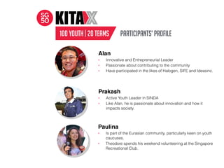 Alan
‣ Innovative and Entrepreneurial Leader
‣ Passionate about contributing to the community
‣ Have participated in the likes of Halogen, SIFE and Ideasinc.
Prakash
‣ Active Youth Leader in SINDA
‣ Like Alan, he is passionate about innovation and how it
impacts society.
100 YOUTH | 20 tEAMS
Paulina
‣ Is part of the Eurasian community, particularly keen on youth
caucuses.
‣ Theodore spends his weekend volunteering at the Singapore
Recreational Club.
PARTICIPANTS’ PROFILE
 
