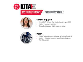 Peter
‣ Young handicapped individual (wheelchair bound)
‣ Active in helping others in need (particularly the
handicapped)
100 YOUTH | 20 tEAMS
Serene Nguyen
‣ An ASEAN Scholarship student studying in NUS
‣ Active in student activities
‣ Finds Singapore a viable place to settle.
PARTICIPANTS’ PROFILE
 