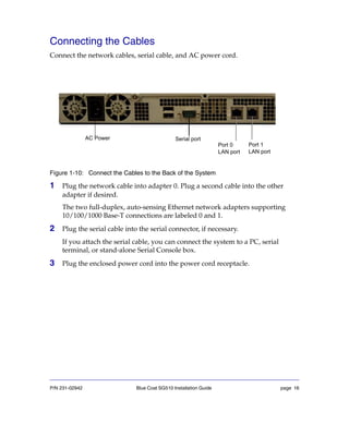 P/N 231-02942 Blue Coat SG510 Installation Guide page 16
Connecting the Cables
Connect the network cables, serial cable, and AC power cord.
Figure 1-10: Connect the Cables to the Back of the System
1 Plug the network cable into adapter 0. Plug a second cable into the other
adapter if desired.
The two full-duplex, auto-sensing Ethernet network adapters supporting
10/100/1000 Base-T connections are labeled 0 and 1.
2 Plug the serial cable into the serial connector, if necessary.
If you attach the serial cable, you can connect the system to a PC, serial
terminal, or stand-alone Serial Console box.
3 Plug the enclosed power cord into the power cord receptacle.
Port 0
LAN port
Serial portAC Power
Port 1
LAN port
 