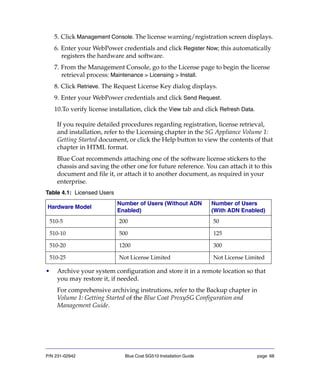 P/N 231-02942 Blue Coat SG510 Installation Guide page 68
5. Click Management Console. The license warning/registration screen displays.
6. Enter your WebPower credentials and click Register Now; this automatically
registers the hardware and software.
7. From the Management Console, go to the License page to begin the license
retrieval process: Maintenance > Licensing > Install.
8. Click Retrieve. The Request License Key dialog displays.
9. Enter your WebPower credentials and click Send Request.
10.To verify license installation, click the View tab and click Refresh Data.
If you require detailed procedures regarding registration, license retrieval,
and installation, refer to the Licensing chapter in the SG Appliance Volume 1:
Getting Started document, or click the Help button to view the contents of that
chapter in HTML format.
Blue Coat recommends attaching one of the software license stickers to the
chassis and saving the other one for future reference. You can attach it to this
document and file it, or attach it to another document, as required in your
enterprise.
Table 4.1: Licensed Users
• Archive your system configuration and store it in a remote location so that
you may restore it, if needed.
For comprehensive archiving instrutions, refer to the Backup chapter in
Volume 1: Getting Started of the Blue Coat ProxySG Configuration and
Management Guide.
Hardware Model
Number of Users (Without ADN
Enabled)
Number of Users
(With ADN Enabled)
510-5 200 50
510-10 500 125
510-20 1200 300
510-25 Not License Limited Not License Limited
 