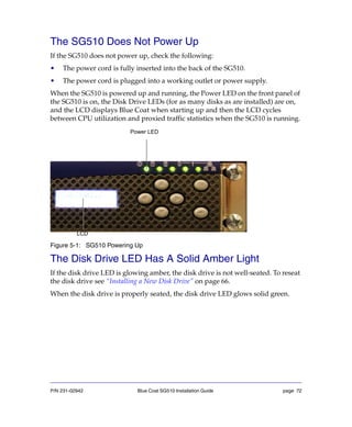 P/N 231-02942 Blue Coat SG510 Installation Guide page 72
The SG510 Does Not Power Up
If the SG510 does not power up, check the following:
• The power cord is fully inserted into the back of the SG510.
• The power cord is plugged into a working outlet or power supply.
When the SG510 is powered up and running, the Power LED on the front panel of
the SG510 is on, the Disk Drive LEDs (for as many disks as are installed) are on,
and the LCD displays Blue Coat when starting up and then the LCD cycles
between CPU utilization and proxied traffic statistics when the SG510 is running.
Figure 5-1: SG510 Powering Up
The Disk Drive LED Has A Solid Amber Light
If the disk drive LED is glowing amber, the disk drive is not well-seated. To reseat
the disk drive see “Installing a New Disk Drive” on page 66.
When the disk drive is properly seated, the disk drive LED glows solid green.
LCD
Power LED
 