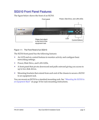 P/N 231-02942 Blue Coat SG510 Installation Guide page 8
SG510 Front Panel Features
The figure below shows the front of an SG510.
Figure 1-1: The Front Panel of an SG510
The SG510 front panel has the following features:
• An LCD and six control buttons to monitor activity and configure basic
networking settings.
• Power, Disk Drive, and LAN LEDs.
• A front panel that pivots downward and pulls outward giving you access to
up to two disk drives.
• Mounting brackets that extend from each end of the chassis to secure a SG510
to an equipment rack.
You can mount an SG510 in a standard mounting rack. See “Mounting the SG510 in
an Equipment Rack” on page 10 for rack mounting instructions.
Power, Disk Drive, and LAN LEDs
Control buttons
LCD
Plates that attach
to the front of the
equipment rack
Front panel
 