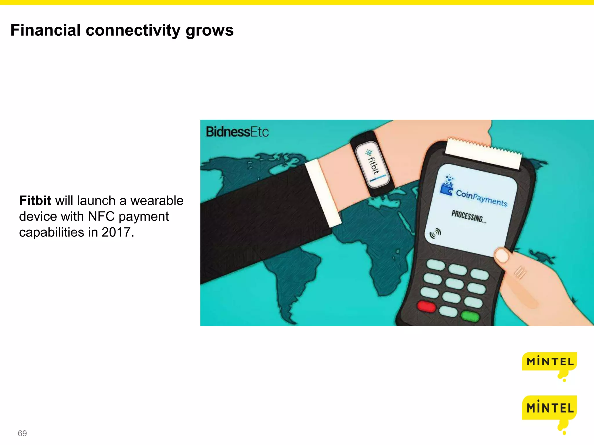 69
69
Financial connectivity grows
Fitbit will launch a wearable
device with NFC payment
capabilities in 2017.
 