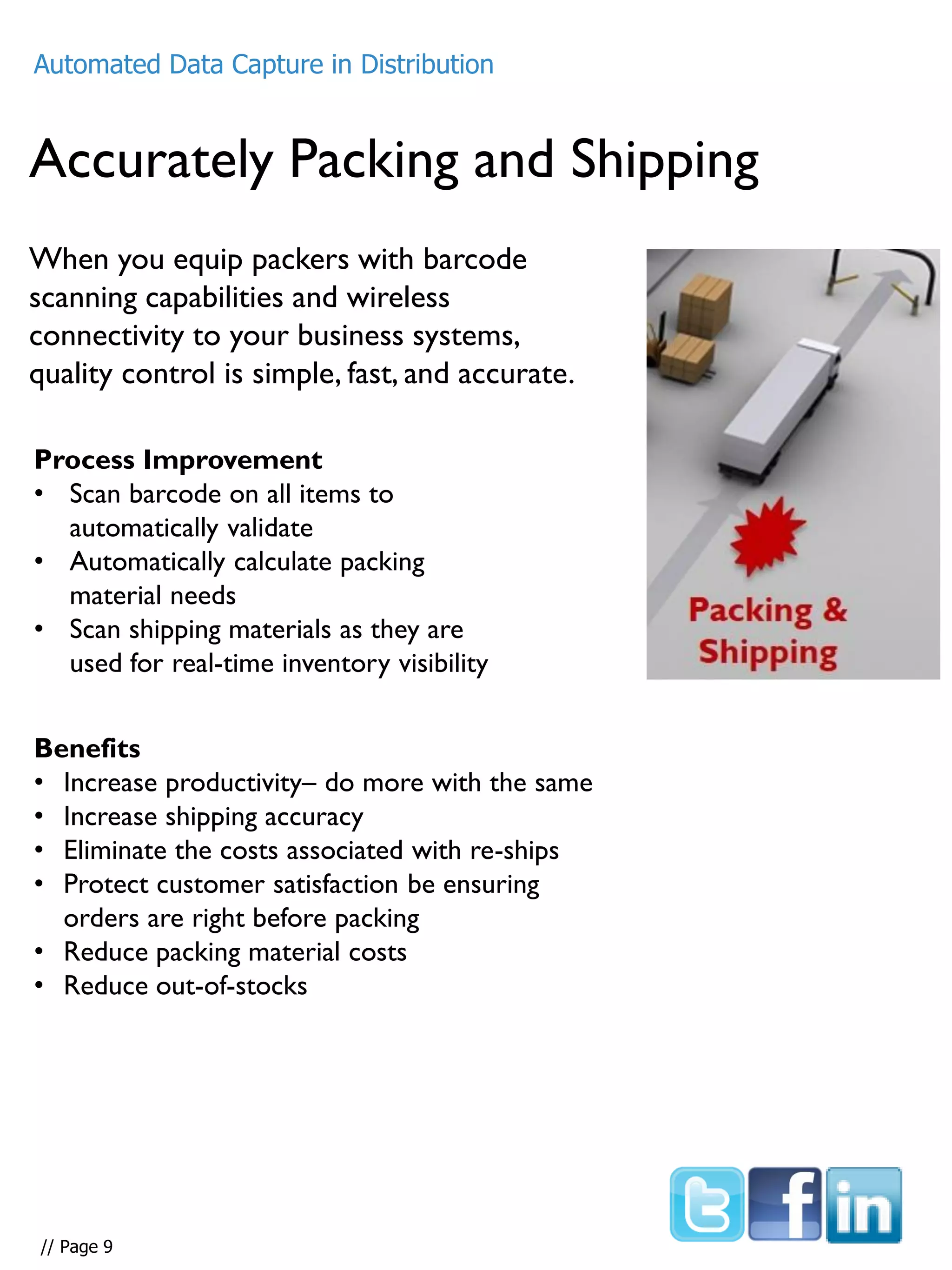 Accurately Packing and Shipping
When you equip packers with barcode
scanning capabilities and wireless
connectivity to your business systems,
quality control is simple, fast, and accurate.
Process Improvement
• Scan barcode on all items to
automatically validate
• Automatically calculate packing
material needs
• Scan shipping materials as they are
used for real-time inventory visibility
Benefits
• Increase productivity– do more with the same
• Increase shipping accuracy
• Eliminate the costs associated with re-ships
• Protect customer satisfaction be ensuring
orders are right before packing
• Reduce packing material costs
• Reduce out-of-stocks
Automated Data Capture in Distribution
// Page 9
 