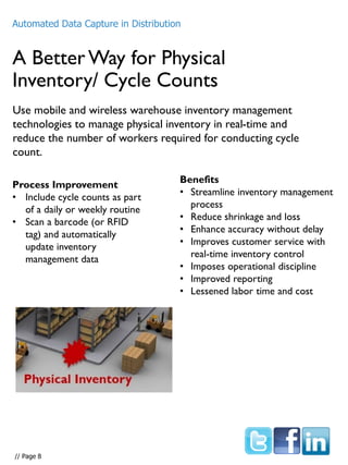 A BetterWay for Physical
Inventory/ Cycle Counts
Use mobile and wireless warehouse inventory management
technologies to manage physical inventory in real-time and
reduce the number of workers required for conducting cycle
count.
Process Improvement
• Include cycle counts as part
of a daily or weekly routine
• Scan a barcode (or RFID
tag) and automatically
update inventory
management data
Benefits
• Streamline inventory management
process
• Reduce shrinkage and loss
• Enhance accuracy without delay
• Improves customer service with
real-time inventory control
• Imposes operational discipline
• Improved reporting
• Lessened labor time and cost
Automated Data Capture in Distribution
// Page 8
 
