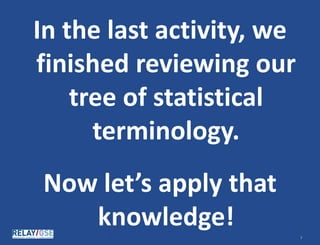 © Relay Graduate School of Education. All rights reserved. 33
In the last activity, we
finished reviewing our
tree of statistical
terminology.
Now let’s apply that
knowledge!
 