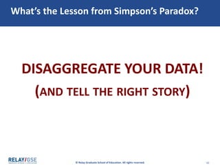 © Relay Graduate School of Education. All rights reserved. 32
What’s the Lesson from Simpson’s Paradox?
DISAGGREGATE YOUR DATA!
(AND TELL THE RIGHT STORY)
 