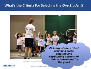 © Relay Graduate School of Education. All rights reserved. 13
What’s the Criteria For Selecting the One Student?
http://meganandtimmy.com/2012/08/05/306365-8-events-that-ruined-sports-for-me/picking-teams/
Pick any student! Just
provide a clear,
detailed and
captivating account of
their achievement for
the year!
 