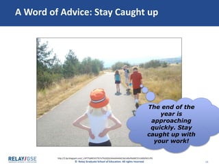 © Relay Graduate School of Education. All rights reserved. 15
A Word of Advice: Stay Caught up
The end of the
year is
approaching
quickly. Stay
caught up with
your work!
http://3.bp.blogspot.com/_cVP7TqMESIY/TG7uTXzDQ5I/AAAAAAAACXA/aXbzflsbMCY/s1600/043.JPG
 