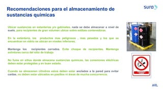 Ubicar sustancias en estanterías y/o gabinetes, nada se debe almacenar a nivel de
suelo, para recipientes de gran volumen ubicar sobre estibas contenedoras.
En la estantería, los productos mas peligrosos , mas pesados y los que se
encuentran en vidrio se ubican en niveles inferiores.
Mantenga los recipientes cerrados. Evite choque de recipientes. Mantenga
extintores cerca del sitio de trabajo
No fume en sitios donde almacena sustancias químicas, las conexiones eléctricas
deben estar protegidas y en buen estado.
Cuando se almacenen cilindros estos deben estar anclados a la pared para evitar
caídas, no deben estar ubicados en pasillos ni áreas de mucha concurrencia.
Recomendaciones para el almacenamiento de
sustancias químicas
 