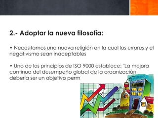 2.- Adoptar la nueva filosofía:
• Necesitamos una nueva religión en la cual los errores y el
negativismo sean inaceptables
• Uno de los principios de ISO 9000 establece: "La mejora
continua del desempeño global de la organización
debería ser un objetivo permanente de ésta".

 