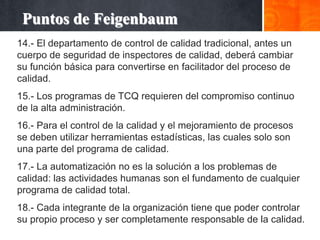 Puntos de Feigenbaum
14.- El departamento de control de calidad tradicional, antes un
cuerpo de seguridad de inspectores de calidad, deberá cambiar
su función básica para convertirse en facilitador del proceso de
calidad.
15.- Los programas de TCQ requieren del compromiso continuo
de la alta administración.
16.- Para el control de la calidad y el mejoramiento de procesos
se deben utilizar herramientas estadísticas, las cuales solo son
una parte del programa de calidad.
17.- La automatización no es la solución a los problemas de
calidad: las actividades humanas son el fundamento de cualquier
programa de calidad total.
18.- Cada integrante de la organización tiene que poder controlar
su propio proceso y ser completamente responsable de la calidad.

 