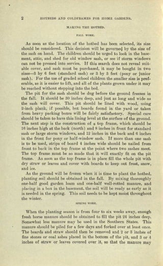 2 HO'l'Bl::DS Al.'n COLDERAMES ron rrOlliIE GARDENS.
JLHUNO THP. I'lOTDt:D.
FALL wos«.
As soon us the location of the hotbed has been selected, its size
should be considered. This decision will be governed by the size of
the sash on band. The children should be urged to look in the base-
ment, attic, end shed for old window sash, 01' see if storm windows
can Dot be pressed into service. If this searc-h does not reveal suit-
able covel', and sash must be purchased, it may be bought in two
sizes--3 by 6 feet (standard sash) 01' 3 by 3 feet (pony 01' junior
sash). For the use of graded school children the smaller size is pref-
eruble, as it is easier to lift, and all of the plants grown under it muy
be reached without stepping into the bed.
The pit for the snsh should be dug before the ground freezes in
the fall. It should be 30 inches deep, and just as long and wide a,s
the sash will covel". This pit should be lined with wood, using
2-inch plank, if possible, but boards found in the yard or taken
from heavy packing boxes will be fnirly satisfactory. Special oura
should be tulcan to have this lining level at the surface of the ground.
The next step is the construction of a. top frame, which should be
16 inches high at the back (north) and 8 inches in front for standard
sash 01" large storm windows, and 12 inches in the back and 6 inches
in the front for pony or half-window sash. If marc than one sash
is to be used, strips of board 4: inches wide should be nailed from
front 60 buck in the top frame at the point where two sashes meet.
The top frame must be so made that it will exactly fit on the pit
fr-ame. As soon ns the top frame is in place fill the whole pit with
dry straw or leaves nnd cover with boards to keep out frost, snow,
and ice.
As the ground will be frozen when it is time to plant the hotbed,
planting soil should be obtained in ilia fall. By mixing thoroughly
one-half good garden loam RDd one-half well-rotted manure, and
placing in a box in the bnseuicut, the soil will be ready as early as .it
is needed in the spring. This aoil needs to be kept moist throughout
the winter.
S"''UNO WOIIK.
Wllen the planting senson is from four to six weeks i;lwny, enough
fresh horse manure should be obtained to fill the pit 24 inches deep.
Somewhat less manure may be used in the Southern Stat-es. This
manure should be piled for a few days and forked over at least once.
The boards end straw should then be removed and 2 or 3 inches of
fine stones or coal ashes placed in the bottom of the pit, and a or 4
inches of straw or leaves covered over it, so that the manure may
 
