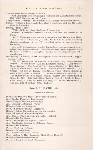 PART II. CYCLES IN PLANT' LIFE 93
:CuttingColoredPosters.-From Literature.
Cut a landscape from coloredpaper of Honest Abetaking back the change.
Cut United States money out of paper.
Acting.-From Literature. Act the story of All Change-Fox Second Reader.
Telling.-Tell how a dime is made, how wheat is bought and sold, and the stories
given in this outline.
Writing.-From History.
Write a little play about the Story of Honest Abe.
Outline: Characters-Abraham Lincoln, Customer, and Others in the
Store.
Act. I. Customers come into the store to buy and Abe waits on them.
The lady comes in, buys, and goes out. Abe finds he has made a mistake;
closesstore and goesout. Act. II. Abe calls at the lady's home and returns
the money.
Ask pupils to imagine conversation during these scenesand suggest appro-
priate lines for each character. Class discusseseach pupil's suggestion until
the best contributions are accepted. Teacher and class together work out a
complete play.
Oral Reading.-Grades I, II, III. Development lessons on all subject. Supple-
mentary reading.
The Old Woman and Her Pig-Fox First Reader. My Money-Beacon
Primer. The Play Basket-Life and Literature Reader, 1. King Midas-
Howe Reader, 1. The Touch of Gold-Graded Classics, 1. King Midas-
Lights to Literature, 1. The Golden Touch-Carroll and Brooks, 2. All
Change-Fox Second Reader. The Golden Touch-Beacon Reader, 2.
Only a Penny-Merrill Reader, 2. Two Little Wooden Shoes-Merrill, 2.
The Honest Penny-Fox Second Reader. Market Day-Silent Reading
Hour, 2. Biddy Gets Lost-Silent Reading Hour, 2. Saddle to Rags-
Child World, 3. Luck and Wealth-Aldine, 3. The Gold Dollar-Cyr, 3.
The Wise Men of Gotham-Child World, 3.
Series XIV. TRANSPORTING
AUDITORIUM PROGRAM
Poem.-The One Hoss Shay-Oliver Wendell Holmes.
Art.-Landais Peasants-Rosa Bonheur.
Nature Study.-Wind and weather flags.
Art.-Crossing the Channel-Turner.
History.-Boats and waterways.
Poem.- Hiawatha's Sailing-Longfellow.
History.-Father Marquette's journey into America.
Poem.- Hiawatha's Canoe-Longfellow.
Art.--The Mayflowerin Plymouth Harbor-Hallsall.
History.-The Mayflower.
Poem.-Landing of the Pilgrims-Hemans.
Art.- Washington Crossingthe Delaware- Leutze.
History.-The Clermont.
Poem.-The Song of Steam.
History.-An ocean liner.
Art.-The Old Temeraire-Turner.
Song.-A Songfor Hal-Progressive Music Series, Book III.
History.-Roads and road wagons.
Poem.-A Song of the Road-Stevenson.
 